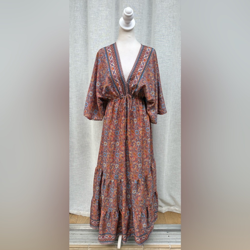 Zury paisley red brown boho Indian silk kaftan maxi dress